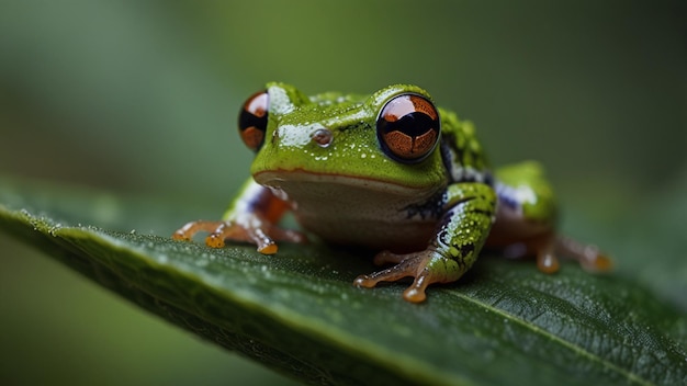 Macro photo of a tiny frog on a leaf