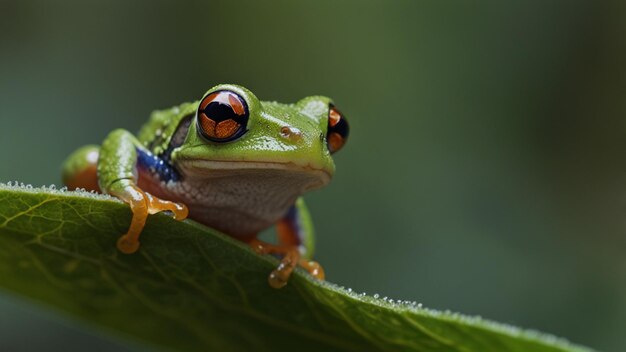 Macro photo of a tiny frog on a leaf