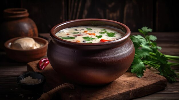 Macro Photo Tom Kha Soup On Stone Rustic Pub Generative AI