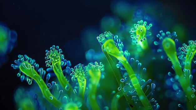 Photo macro photo of vibrant green and blue bioluminescent plant life