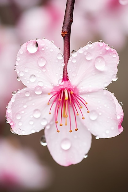 A macro photo of a water droplet suspended on a cherry blossom petal