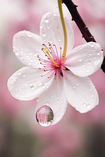 A macro photo of a water droplet suspended on a cherry blossom petal