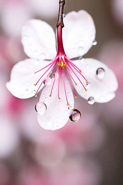 A macro photo of a water droplet suspended on a cherry blossom petal