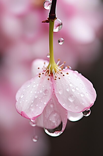 A macro photo of a water droplet suspended on a cherry blossom petal