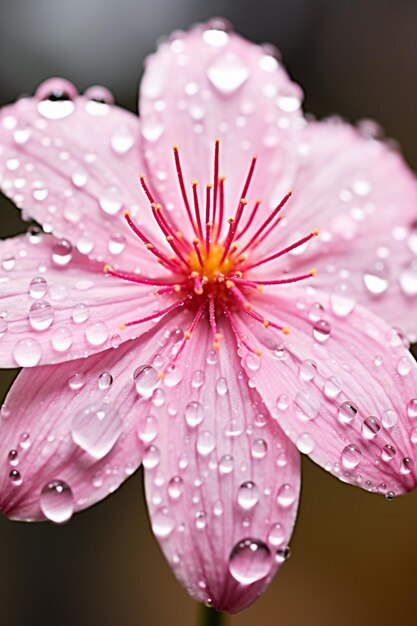 A macro photo of a water droplet suspended on a cherry blossom petal