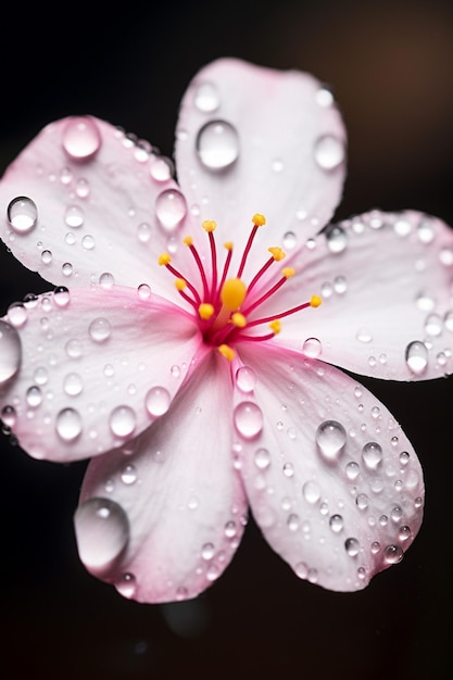 A macro photo of a water droplet suspended on a cherry blossom petal