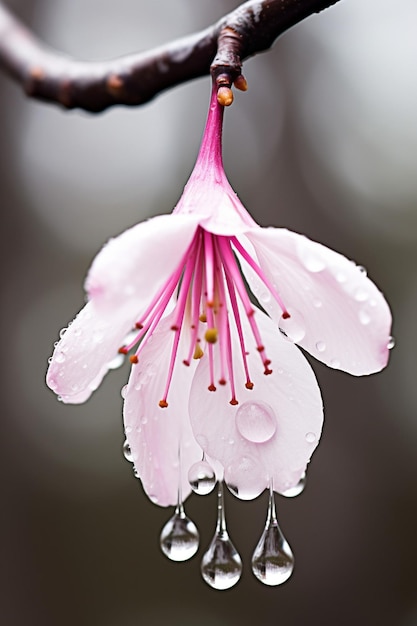 A macro photo of a water droplet suspended on a cherry blossom petal