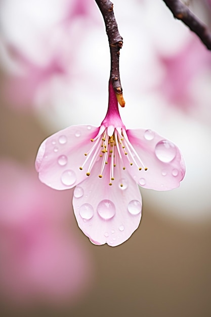 A macro photo of a water droplet suspended on a cherry blossom petal