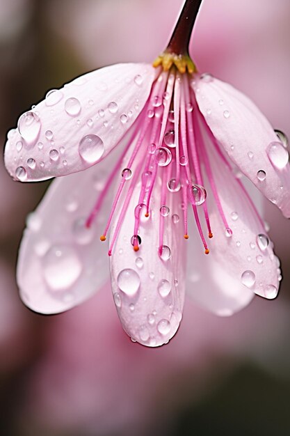 A macro photo of a water droplet suspended on a cherry blossom petal