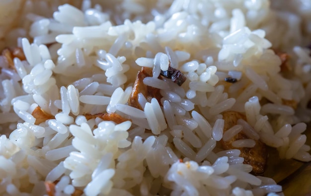 Macro photo of white rice with fried garlic