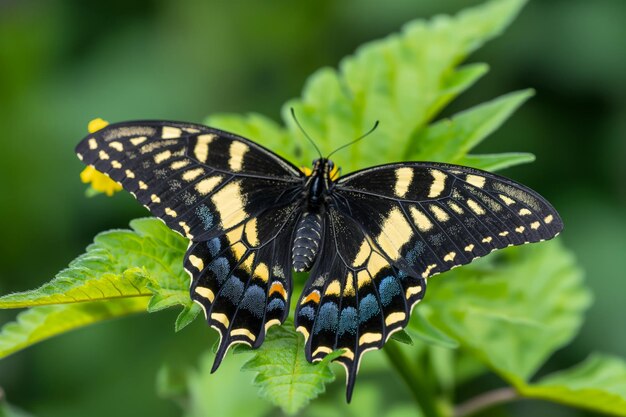 Macro photograph captures the intricate patterns of a swallowtail butterfly resting on a vibrant green leaf