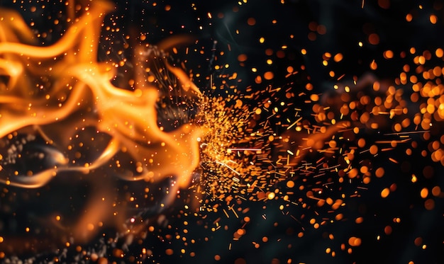 Macro photograph capturing the intricate details of flames and sparks in an explosion against a black backdrop