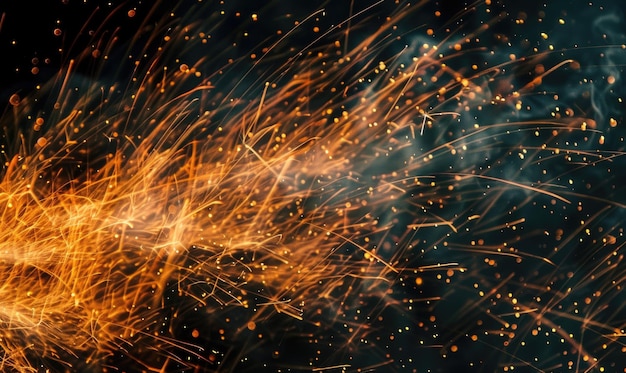 Photo macro photograph capturing the intricate details of flames and sparks in an explosion against a black backdrop