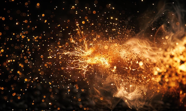 Macro photograph capturing the intricate details of flames and sparks in an explosion against a black backdrop