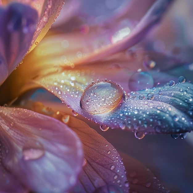 A macro photograph of a dewdrop on a flower petal showcasing intricate details