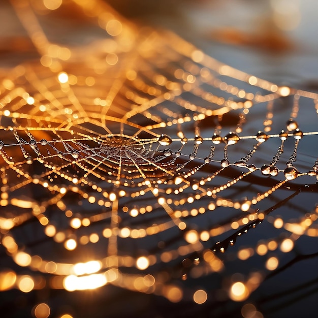 Macro Photograph of DewKissed Spider Web Intricate Patterns Reflecting Early Morning Sun