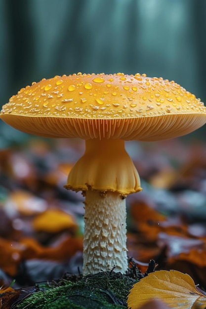 A macro photograph of a mushroom with an ombre cap from fluorescent yellow to muted beige