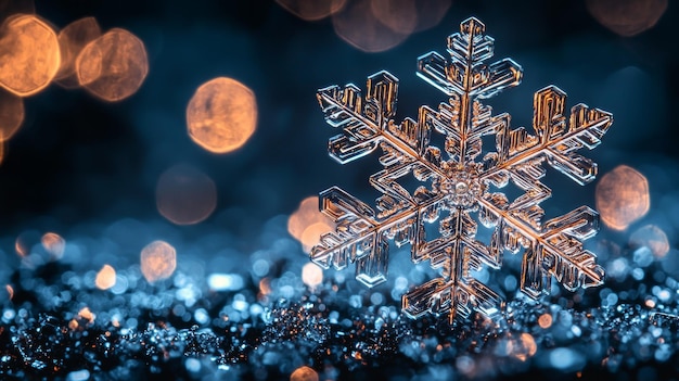 A macro photograph of a single snowflake with bokeh lights in the background creating a beautiful