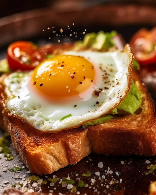 a macro photograph of a toast with guacamole and a fried egg