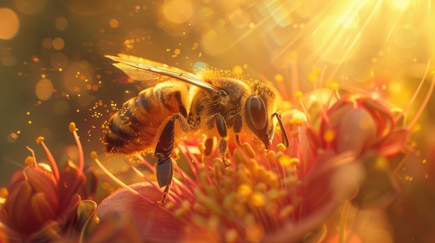 macro photography of a bee collecting pollen from a flower