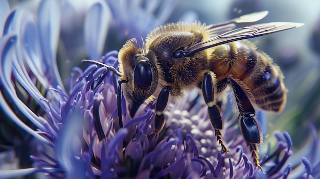 Photo macro photography of bees on a heatstressed flower showing the ecological impact of global warming