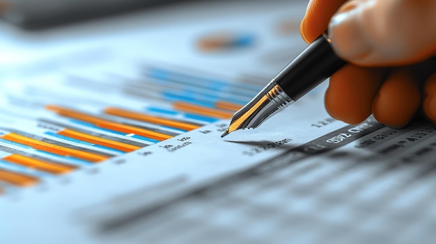 Photo macro photography capturing a detailed examination of a financial chart with a classic fountain pen