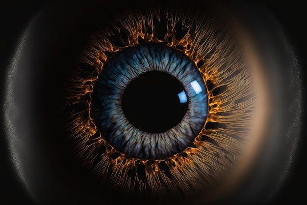 Macro photography close up of the iris of the eye on a dark background