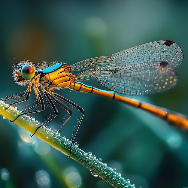 Macro Photography of a Dragonfly on a DewCovered Branch