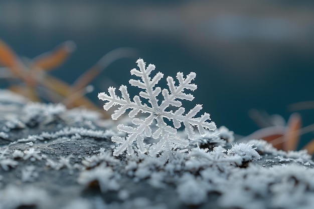 Macro Photography of Frosted Snowflake with Icy Foliage Winter Nature Background