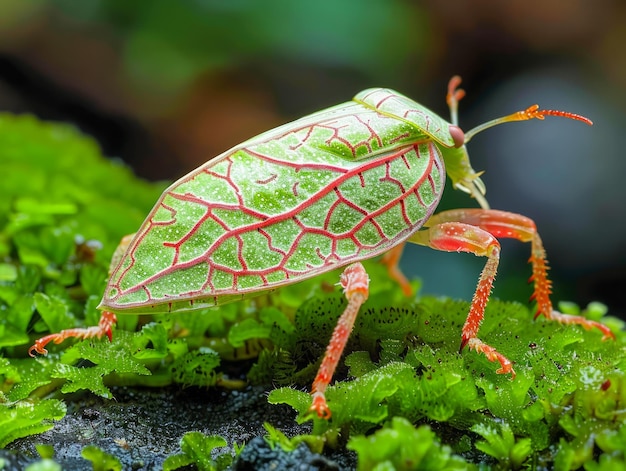 Macro Photography of a Green Planthopper Insect with Red Veins on Moss in Natural Habitat