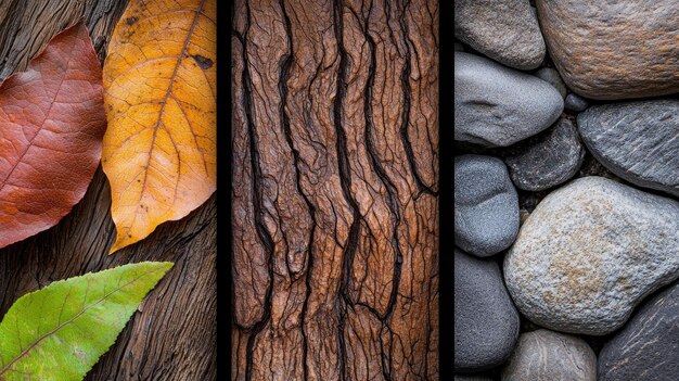 Photo macro photography of natural textures leaf rock and wood grain