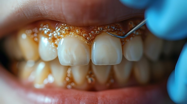 Macro photography of a persons teeth being examined by a dentist