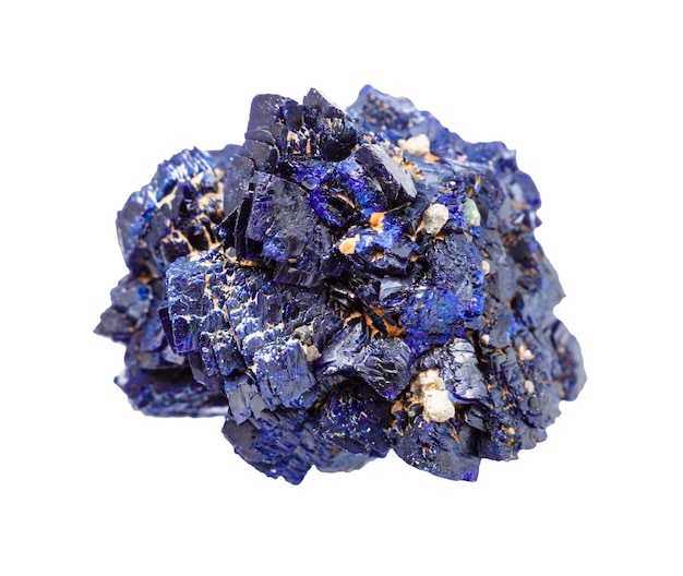 macro photography of sample of natural mineral from geological collection rough Azurite mineral crystals isolated on white background