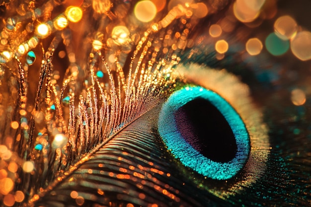 Photo macro photography of vibrant peacock feather glowing in psychedelic colors