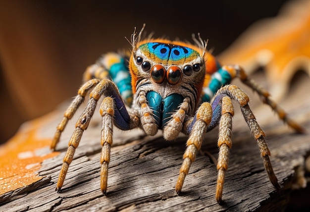 Macro Portrait of a Peacock Spider sitting on a piece of wood