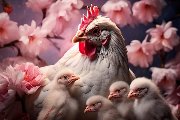 Macro Realistic View of Hen with Chicks transparent background PNG PSD