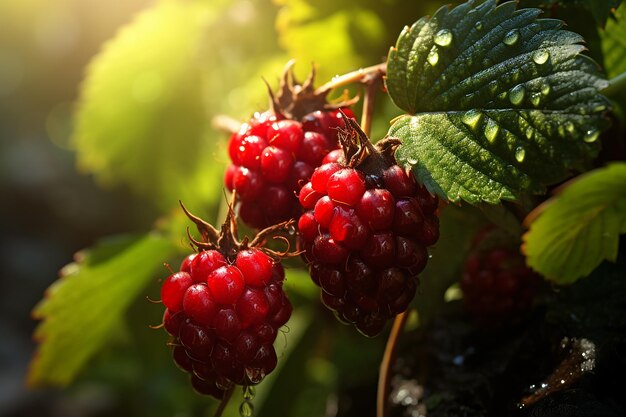 Macro Ripe Raspberries on a Branch