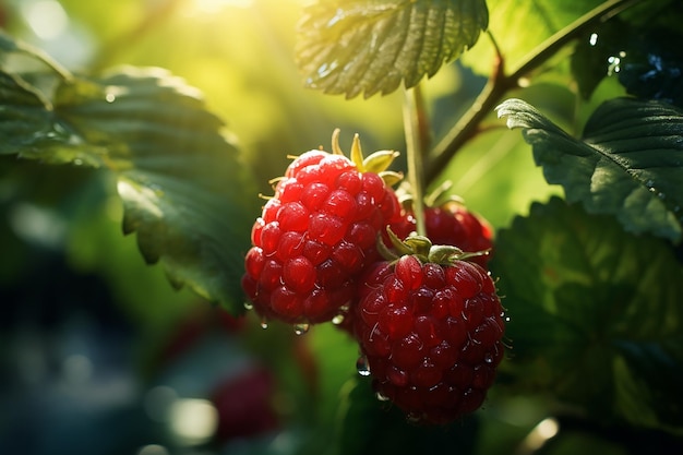 Macro Ripe Raspberries on a Branch