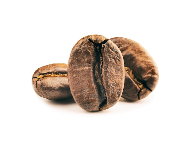 Macro roasted dark coffee beans isolated on white background, ideal for cafe or menu design