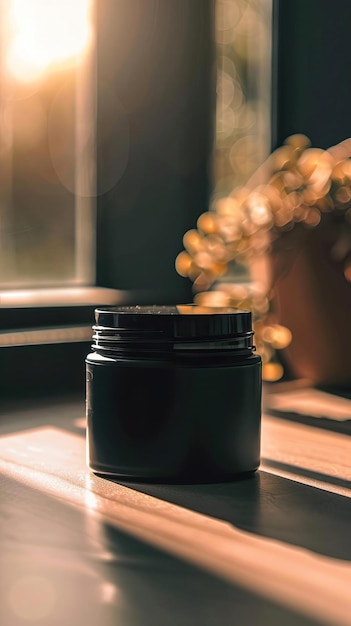 macro scene in which a black cosmetics jar lies on the surface