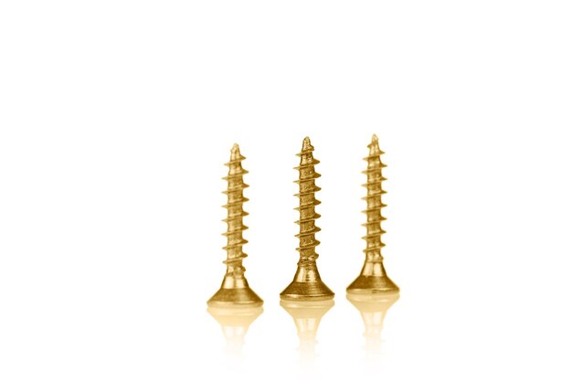 Macro screw of golden color on a white background