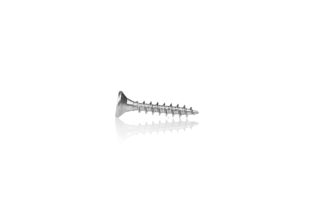 macro screw of silver color on a white background closeup