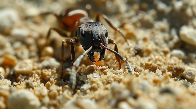 Photo macro shot of an ants face as it walks on the ground