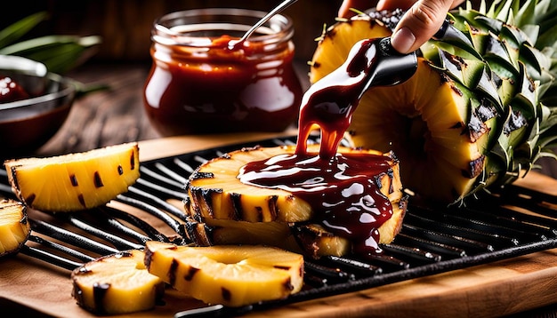 Photo macro shot of bbq sauce being brushed onto grilled pineapple rings