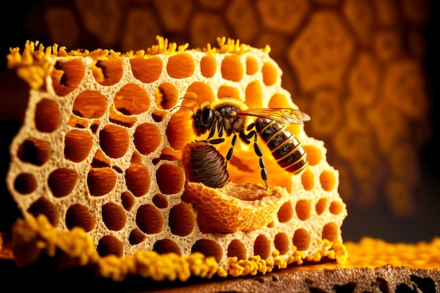 Macro shot of a bee hive on slices of honeycomb with a colony of wild