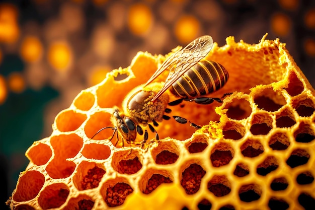 Macro shot of a bee hive on slices of honeycomb with a colony of wild