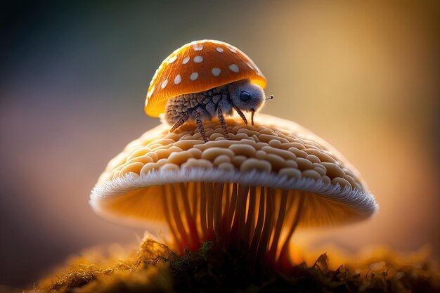 Macro shot of a beetle resting on a mushroom Generated by AI