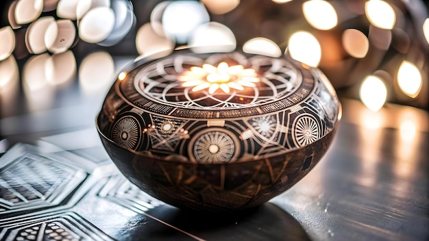 Photo macro shot of bhai dooj coconut offering intricate textures futuristic patterns blending traditio