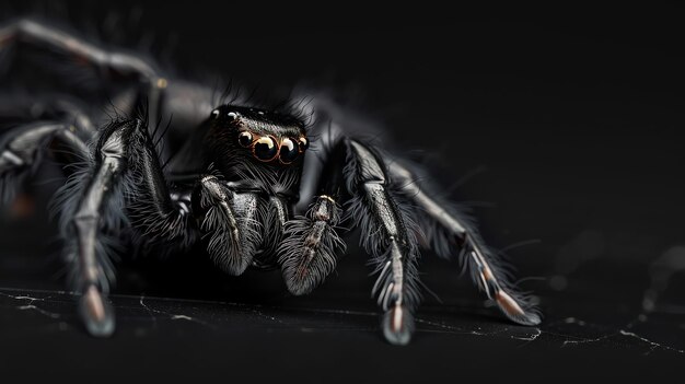 Photo macro shot of a black jumping spider with large eyes captured against a dark background