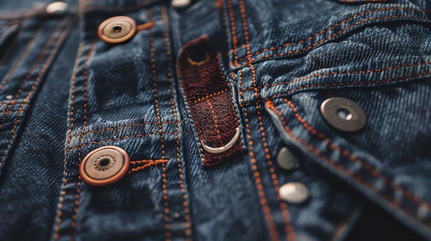 Macro shot of a blue denim jacket with metal and copper buttons